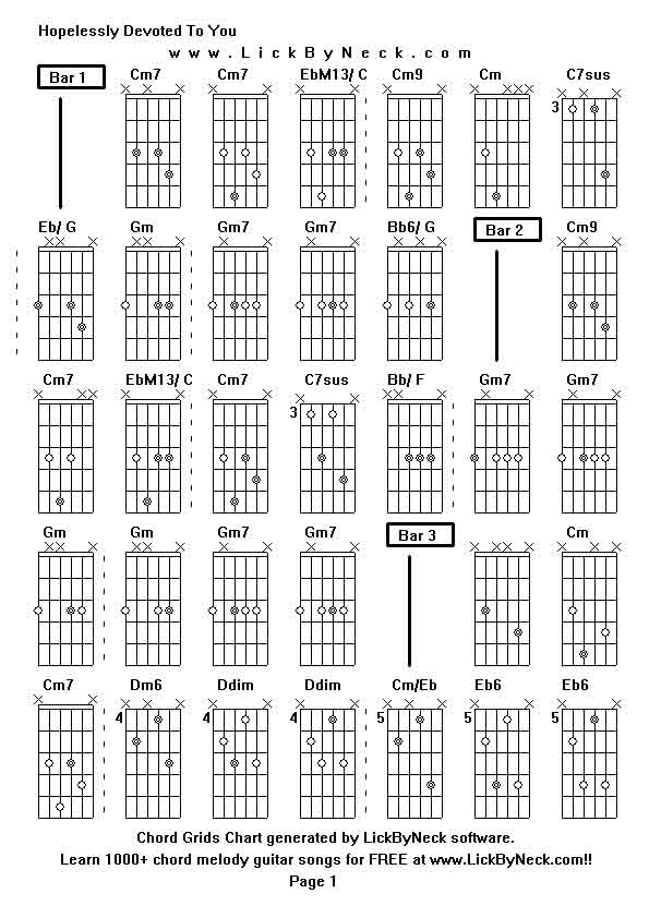 Chord Grids Chart of chord melody fingerstyle guitar song-Hopelessly Devoted To You,generated by LickByNeck software.